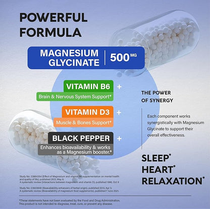 Magnesium Glycinate 500 mg - Chelated Supplement - High Absorption Form of Magnesium - Support for Sleep, Muscle & Heart Health - Made in USA, Lab Tested & Non-GMO - 120 Capsules