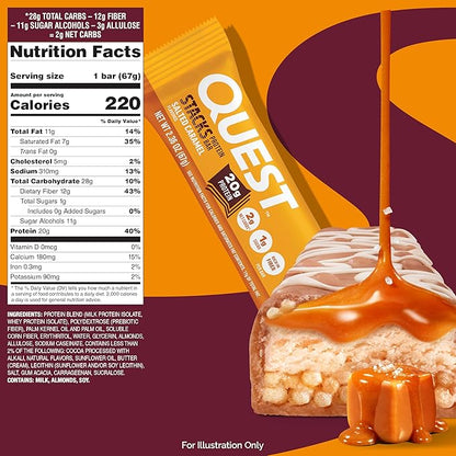 Quest Nutrition Stacks Protein Bars, Salted Caramel Flavor, 20g Protein, 2g Net Carbs, 1g Sugar, High Fiber, Low Sugar, Gluten Free, 4 Count