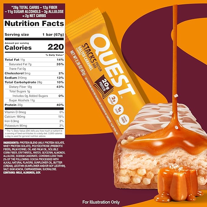 Quest Nutrition Stacks Protein Bars, Salted Caramel Flavor, 20g Protein, 2g Net Carbs, 1g Sugar, High Fiber, Low Sugar, Gluten Free, 12 Count