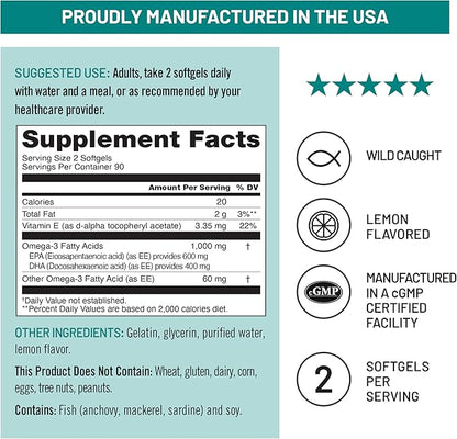 NatureWise Extra-Strength Omega 3 Fish Oil Supplement - 1000mg per Serving - 600 EPA & 400 DHA and Vitamin E - Support for Heart & Brain Health - Lemon Flavor, GMO-Free - 180 Softgels[3-Month Supply]
