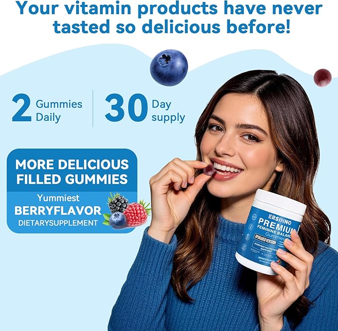 Premium Feminine Balance Gummies - Upgraded Formula with Probiotics, Evening Primrose, Inositol, VIT C & E - Sugar Free, No Artificial Flavors,Vegan Vaginal pH Support & Odor Control,60 (Mixed Berry)