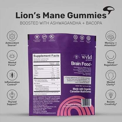 Stay Wyld Organics Brain Food+ Mushroom Gummies, 30 Servings, Organic Lion's Mane, Ashwagandha & Bacopa Gummies for Brain Health & Focus - Gluten-Free & Vegan Shroom, Lions Mane Mushroom Supplement