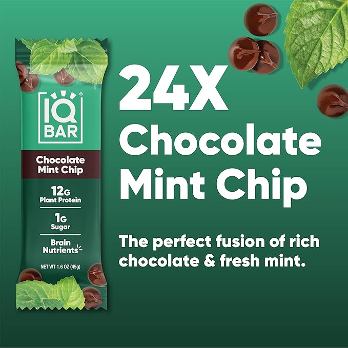 IQBAR Clean Plant Protein Bars - Chocolate Mint Chip - 24 Count - Keto, Vegan, High Fiber, Gluten and Dairy Free, Low Sugar Snack - Brain and Body Nutrients for Focus, Energy, Meal Replacement