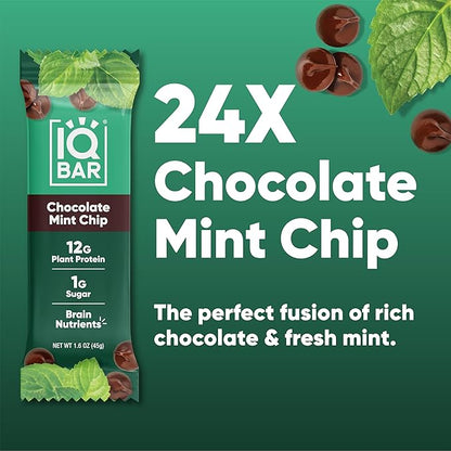 IQBAR Clean Plant Protein Bars - Chocolate Mint Chip - 24 Count - Keto, Vegan, High Fiber, Gluten and Dairy Free, Low Sugar Snack - Brain and Body Nutrients for Focus, Energy, Meal Replacement