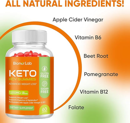 BionerLab Keto ACV Gummies for Advanced Weight Loss Rapid Belly Fat Burn - Sugar Gluten Free Pro Active Super Apple Cider Vinegar Diet Supplement for Men Women - Digestion Metabolism Hair Skin Health