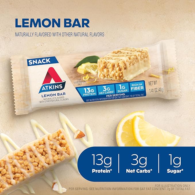 Atkins Lemon Flavored Snack Bar,High Protein Bar,Low Sugar and Low Carb,Keto Friendly Snack,Gluten Free,High in Fiber,Made with Real Almond Butter,16 Count (Pack of 2)