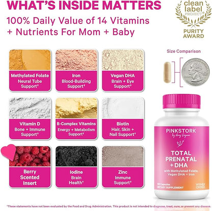Pink Stork Total Prenatal Vitamins with DHA, Folate, and Iron, 3 Month Supply to Help Support Fetal Development, Pregnancy Must Haves - 180 Capsules