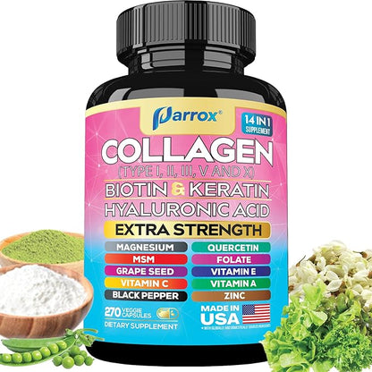 Collagen Peptides Types I, II, III, V & X, MCG Biotin, Keratin, Hyaluronic Acid, MSM, Zinc, Grape Seed Extract, Quercetin, Vitamin A, Vitamin C, Vitamin E, Magnesium, Folic Acid (270 Capsules)