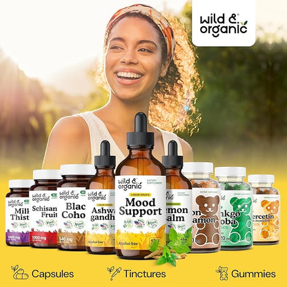 Wild & Organic Mood Support Supplement - Natural Liquid Drops for Positive Energy - Calm Mind Supplement for Women and Men - Non-Alcohol Ashwagandha & Rhodiola Rosea Root Tincture for Good Mood - 4 oz