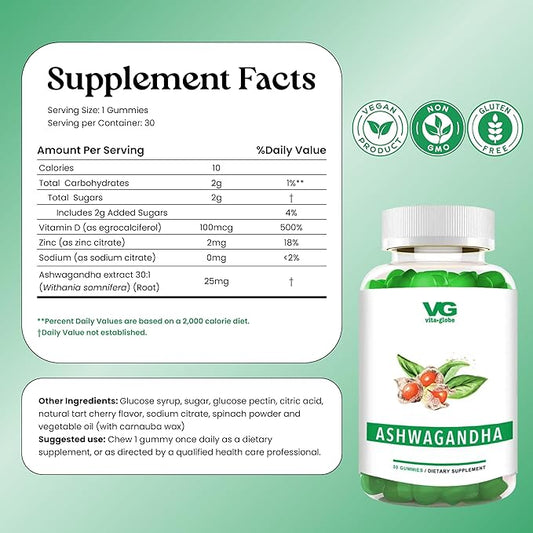 VITA GLOBE Ashwagandha Gummies 25mg with Vitamin D2 100mcg and Zinc 2mg, Ashwagandha for Men and Women, Supplement for Everyday Wellness, Mood Balance and Immune Nutrition, 30 Count, 1 Pack