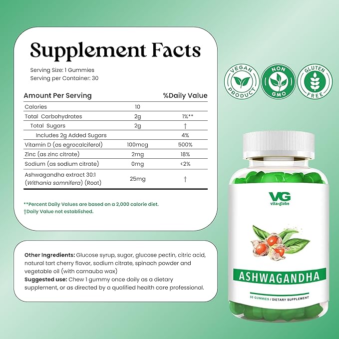 VITA GLOBE Ashwagandha Gummies 25mg with Vitamin D2 100mcg and Zinc 2mg, Ashwagandha for Men and Women, Supplement for Everyday Wellness, Mood Balance and Immune Nutrition, 60 Count, 2 Pack