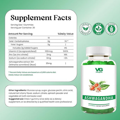 VITA GLOBE Ashwagandha Gummies 25mg with Vitamin D2 100mcg and Zinc 2mg, Ashwagandha for Men and Women, Supplement for Everyday Wellness, Mood Balance and Immune Nutrition, 60 Count, 2 Pack