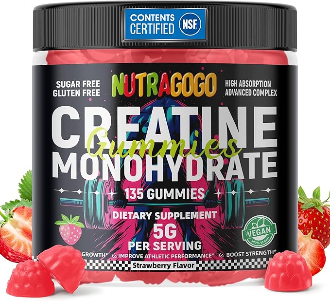 NSF Certified Creatine Gummy - Creatine Monohydrate Gummies for Men & Women-5g of Creatine Monohydrate per Serving - Sugar Free,Vegan, Strawberry Electrolyte Chews, 135 Count
