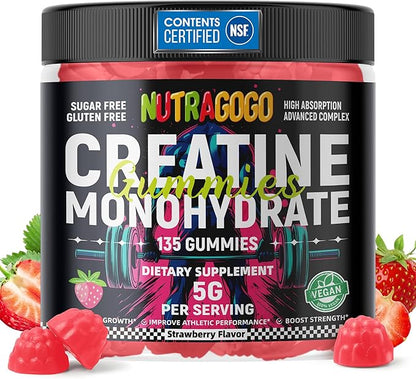 NSF Certified Creatine Gummy - Creatine Monohydrate Gummies for Men & Women-5g of Creatine Monohydrate per Serving - Sugar Free,Vegan, Strawberry Electrolyte Chews, 135 Count