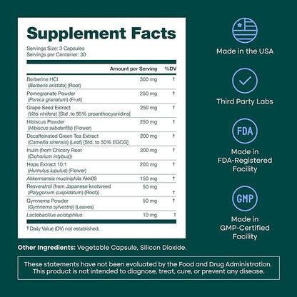 GLP-1 Probiotic Supplement for Weight Loss & Appetite Suppressant for Women and Men with Akkermansia, Berberine, Inulin, EGCG, Resveratrol, Hops - Supports Digestion, Hunger, Cravings, Gut Health