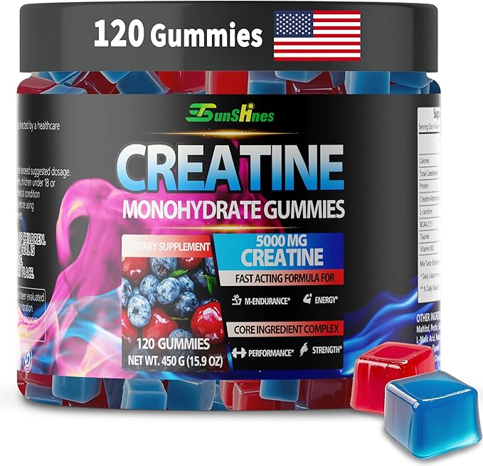 Creatine Monohydrate Gummies 5g (5000mg), Sugar-Free Creatine, Pre-Workout Energy, Veg, Non-GMO, for Men & Women - 120 Count Cherry Flavor with Blueberry Flavor