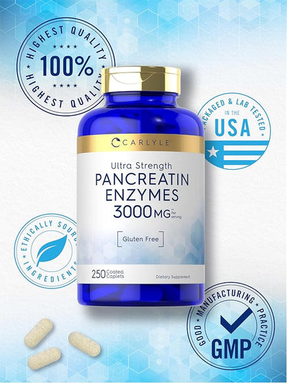 Carlyle Pancreatin Digestive Enzymes | 250 Caplets | with Protease, Amylase & Lipase | High Strength | Non-GMO, Gluten Free Supplement