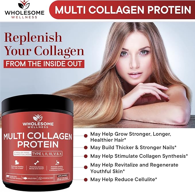 Wholesome Wellness Premium Multi Collagen Peptides Protein Powder for Women and Men, 5 Types of Hydrolyzed Collagen, Grass-Fed, Non-GMO & Unflavored, Pure Protein for Youthful Skin & Joint Recovery