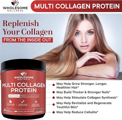 Wholesome Wellness Premium Multi Collagen Peptides Protein Powder for Women and Men, 5 Types of Hydrolyzed Collagen, Grass-Fed, Non-GMO & Unflavored, Pure Protein for Youthful Skin & Joint Recovery