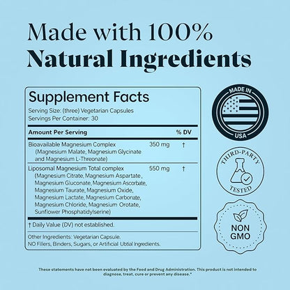 Magnesium Complex for Women & Men, 1000mg – MAGPLUS+ 13-in-1 Advanced Liposomal Ultra Formula – Glycinate, L-Threonate & Triple Magnesium Blend – Brain, Memory & Deep Sleep – 90 Capsules