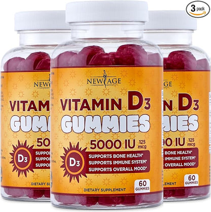 NEW AGE Vitamin D3 5000 IU 125mcg Gummies - Immune Supplement - Non-GMO, Gluten-Free, Dairy-Free, No Gelatin (180 Gummies (Pack of 3))