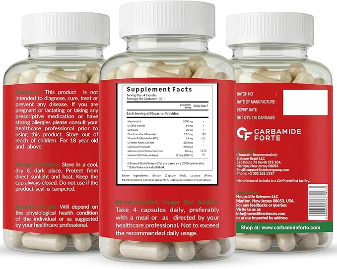 Carbamide Forte Myo Inositol & D Chiro Inositol Supplement | Inositol Supplements with Berberine, l-Methyl Folate, Vitamin D3 & Selenium | Ideal 40:1 Ratio - 120 Capsules