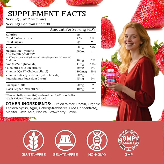 Magnesium Glycinate Gummies 600mg High Absorption - Premium Magnesium Supplement with L-Threonate, Vitamin D3, B6, Potassium for Calm Support - Sugar Free - Perfect for Adults - 60 Count
