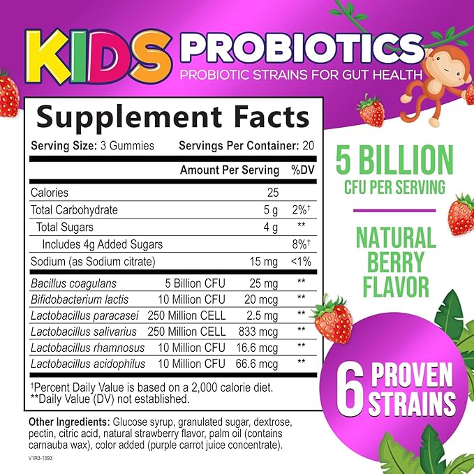 Probiotic for Kids - Natural Immune Support & Digestive Health Supplement - Nature's Daily Children's Probiotic Gummy for Ages 4+ Vegan, Gluten, Soy & Dairy Free - Berry Flavored - 60 Gummies
