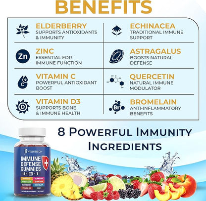 JB Wellness Co 8 in 1 Immune Defense Booster Supplement Gummies with Astragalus Root, Vitamin C and Zinc, Vitamin D3, Elderberry and Quercetin (2 Pack)