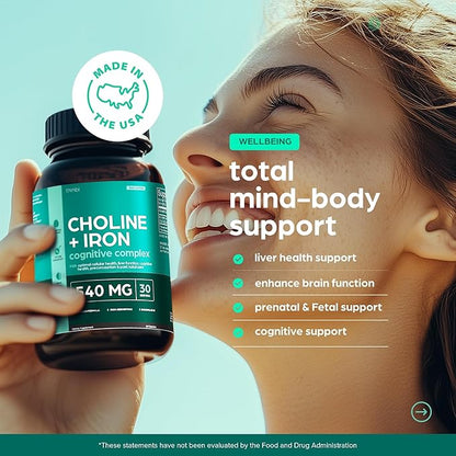 Choline 500mg Prenatal Supplement with Iron 40mg – Prenatal Vitamins for Women – Pregnancy Brain, Memory & Cognitive Support – Ferrous Fumarate, Vegan – 30 Servings