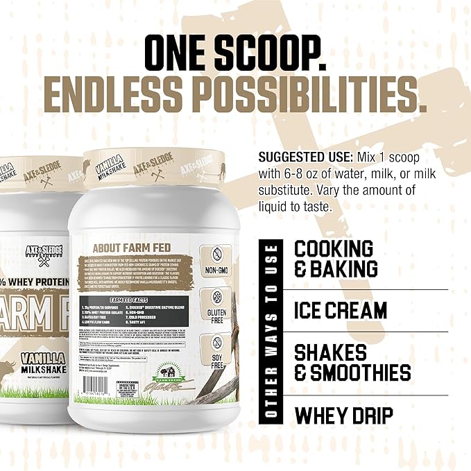 Axe & Sledge Farm Fed 100% Whey Protein Isolate | 25g Protein | Low Carb, Low Sugar, Gluten Free | Protein Powder for Men and Women | Keto | Made in the USA | 28 Servings, Vanilla Milkshake