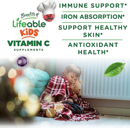 Lifeable Kids Vitamin C Gummies | 250mg | Great Tasting VIT C | Vegan GMO-Free Vitamin C Chewable | for Immune Support | 90 Gummies