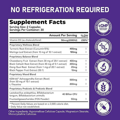 Menopause Supplements for Women with Black Cohosh 5:1 Extract - Hormone Harmony for Hot Flashes, Night Sweats, Mood Swings & Bloating - 30 Servings