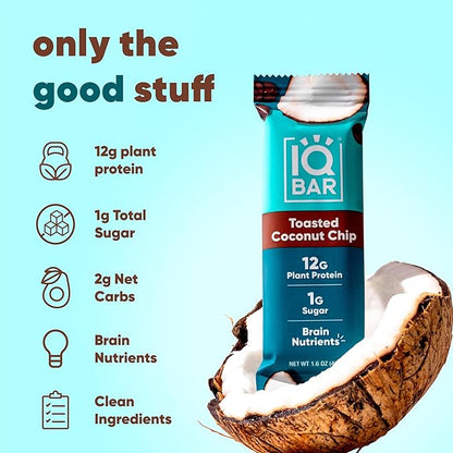 IQBAR Clean Plant Protein Bars - Toasted Coconut Chip - 36 Count - Keto, Vegan, High Fiber, Gluten and Dairy Free, Low Sugar Snack - Brain and Body Nutrients for Focus, Energy, Meal Replacement