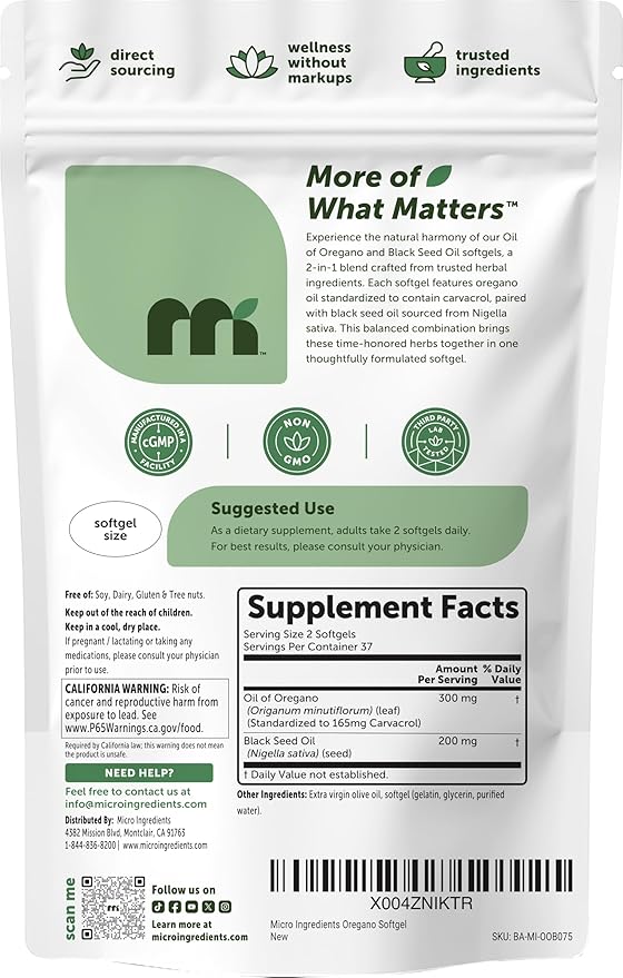 Micro Ingredients Oil of Oregano with Black Seed Oil, 75 Softgels | 2-in-1 Oregano Oil & Black Seed Oil Complex | 4X Strength Carvacrol & Thymoquinone Formula, Plant Based | Non-GMO, No Gluten
