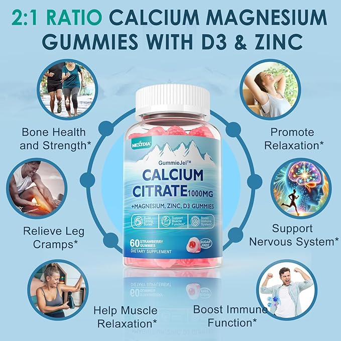 Calcium Citrate Vitamin D3 1000IU Gummies for Women & Men, Sugar Free Bone Health Complex with Calcium, Magnesium, Zinc Potassium & B6, High Absorption, Teeth, Leg Cramp & Nerve Health, Vegan, 60Cts
