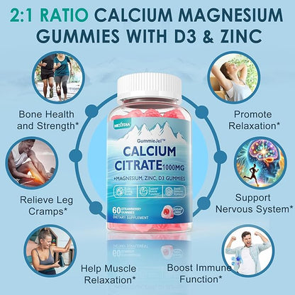 Calcium Citrate Vitamin D3 1000IU Gummies for Women & Men, Sugar Free Bone Health Complex with Calcium, Magnesium, Zinc Potassium & B6, High Absorption, Teeth, Leg Cramp & Nerve Health, Vegan, 60Cts