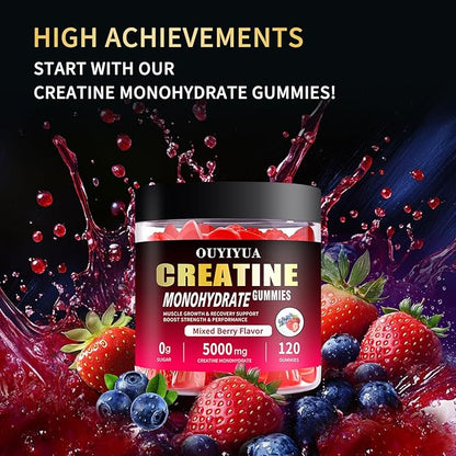 Creatine Monohydrate Gummies 5000mg for Men & Women - Sugar Free Pre-Workout Supplement, Chewables for Muscle Strength, Muscle Builder, Energy Boost, Mixed Berry Flavor, 120 Count (2 Pack)