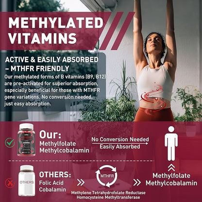 Nextdia Brain & Mood Support Gummies, Super Vitamin B Complex for Men & Women, All B Vitamin B1 B2 B3 B5 B6 B7 Folate MethyB12 with PABA, Inositol, Choline, Supports MTHFR Gene & Energy, Vegan, 120Ct