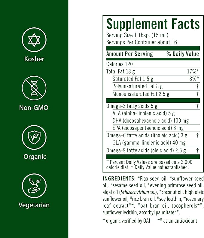 Flora - Udo's Choice Omega 369 Oil Blend with DHA, Udo's Oil Balanced 2:1:1 Ratio of Omega Fatty Acids, Supports Cognitive Function & Overall Health, 8.5-fl.oz. Glass Bottle