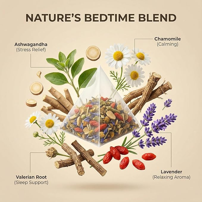 Herblight Bedtime Tea with Valerian Root & Ashwagandha - Caffeine-Free Night Time Herbal Blend for Deep Relaxation - Premium Whole Leaf Sleep Tea (15 Pyramid Bags)