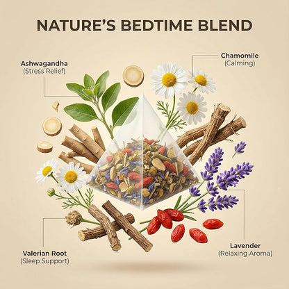Herblight Bedtime Tea with Valerian Root & Ashwagandha - Caffeine-Free Night Time Herbal Blend for Deep Relaxation - Premium Whole Leaf Sleep Tea (15 Pyramid Bags)