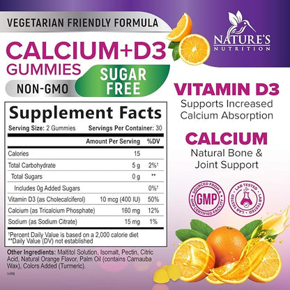 Calcium Supplement Gummies - Sugar Free Calcium Gummy with Vitamin D3 for Best Absorption - Supports Immune Health, Bones & Teeth - Nature's Calcium Chews for Women & Men - Orange Flavor - 60 Gummies