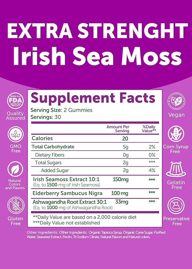 Lunakai USA Made Irish Sea Moss Gummies with Ashwagandha & Elderberry – Delicious Daily Immune & Stress Support Supplement for Men & Women, 60ct