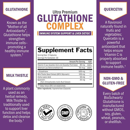 BioSchwartz Glutathione Supplement 500mg - Liver Detox with Quercetin, Vitamin C, Milk Thistle, Alpha Lipoic Acid - Immune Support Pill - Enhanced Immunity Defense Health Formula - 60 Capsules