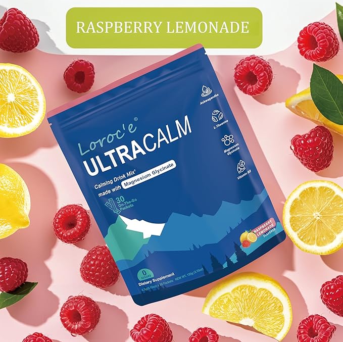 Loroc'e UltraCalm Super Cortisol Reducer Drink, Magnesium Glycinate (30 Servings), L-theanine, Ashwagandha, Vitamin D, No Sugar, Raspberry Lemonade Sleep Aid Powder