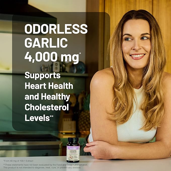 NatureWise Odorless Garlic Supplement 4000mg - Ultra Potent 100:1 Extract - Healthy Cholesterol Formula, Heart Health Support - Non-GMO, Gluten Free, with Halal Gelatin - 180 Count[90-Day Supply]