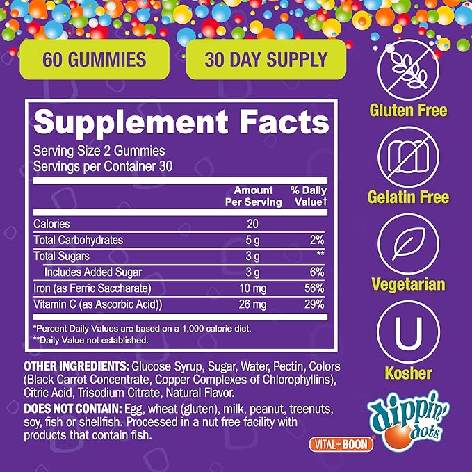 Vital+Boon - Iron with Vitamin C & B12 Gummies (60 Count) Vital for Red Blood Cell Formation | Gum Drop Grape Real Pectin Fruit Chew Supplements | Vegan, Non-GMO, Gluten Free & Gelatin Free