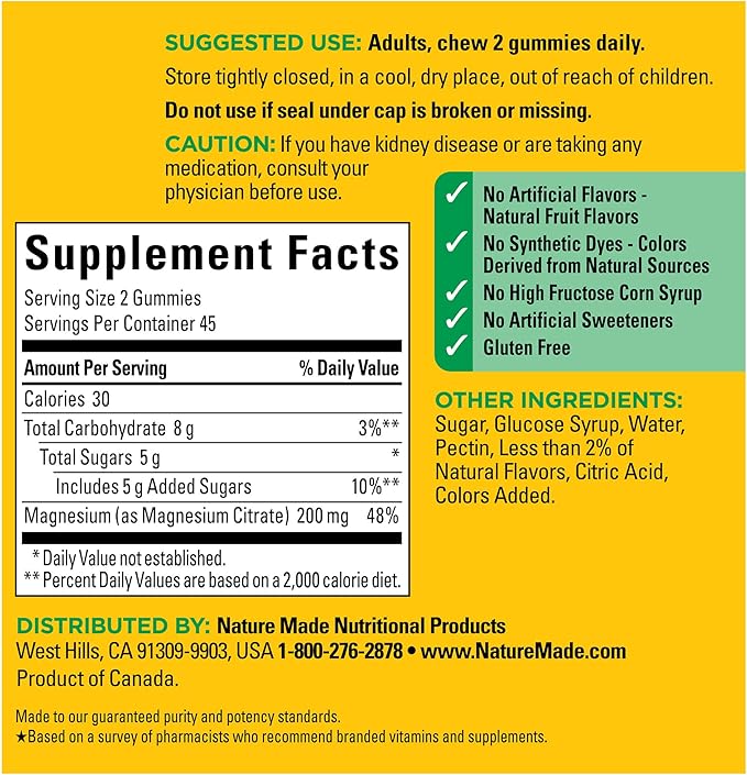 Nature Made High Absorption Magnesium Citrate 200 mg per Serving, Magnesium-Supplement for Muscle, Nerve, Bone and Heart Support, 90 Magnesium Gummies, 45 Day Supply,(Pack of 2)
