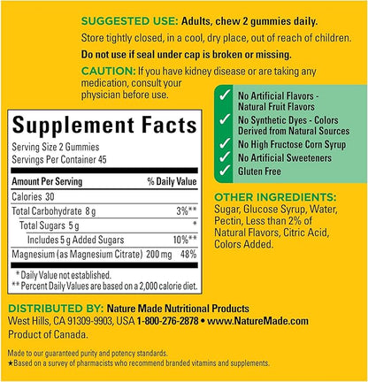 Nature Made High Absorption Magnesium Citrate 200 mg per Serving, Magnesium-Supplement for Muscle, Nerve, Bone and Heart Support, 90 Magnesium Gummies, 45 Day Supply,(Pack of 2)